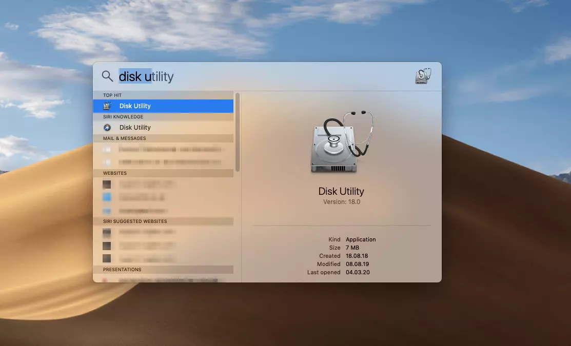 La ricerca Spotlight di macOS: Utility Disco