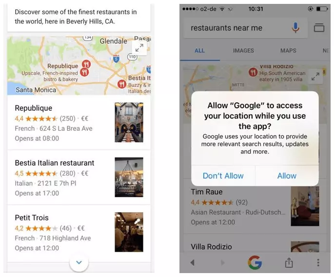 Screenshot della ricerca di ristoranti a Los Angeles sull’app di Google in inglese