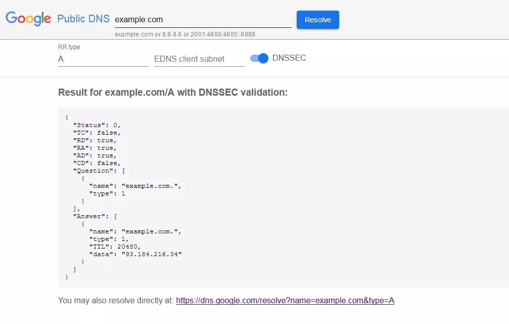 Risultato di un lookup del record A con Google Public DNS