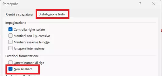 Word: disattivazione manuale della sillabazione per un paragrafo