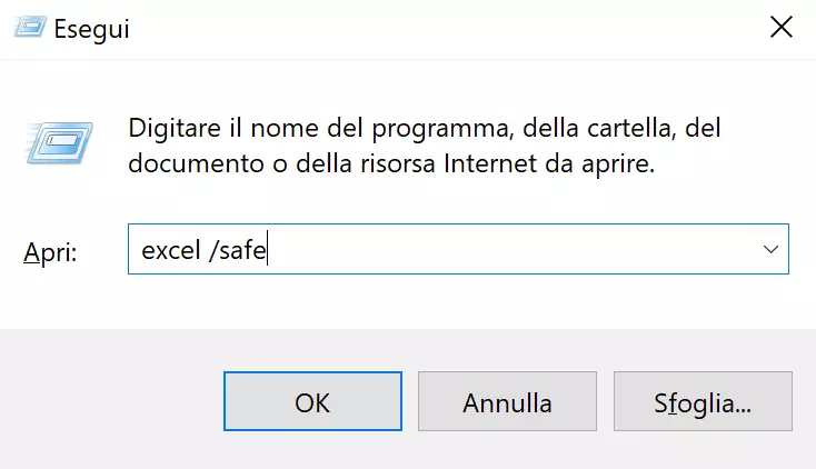 Finestra per l'avvio di Excel in modalità provvisoria