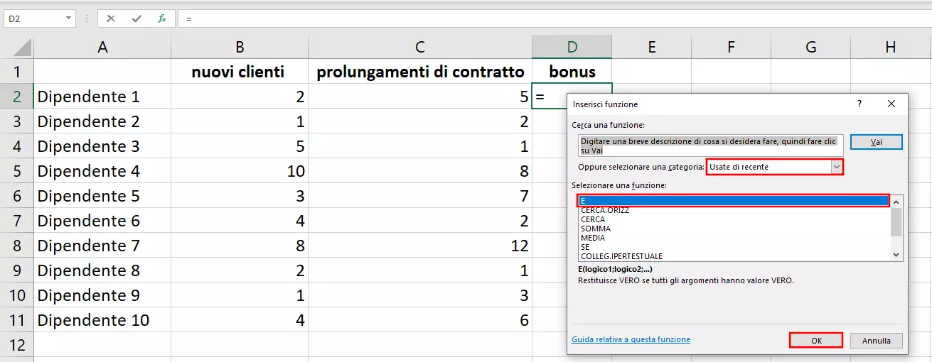 Finestra di dialogo “Inserisci funzione”: funzione E di Excel