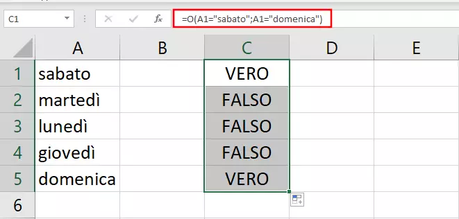 Funzione O di Excel con più condizioni in forma di testo