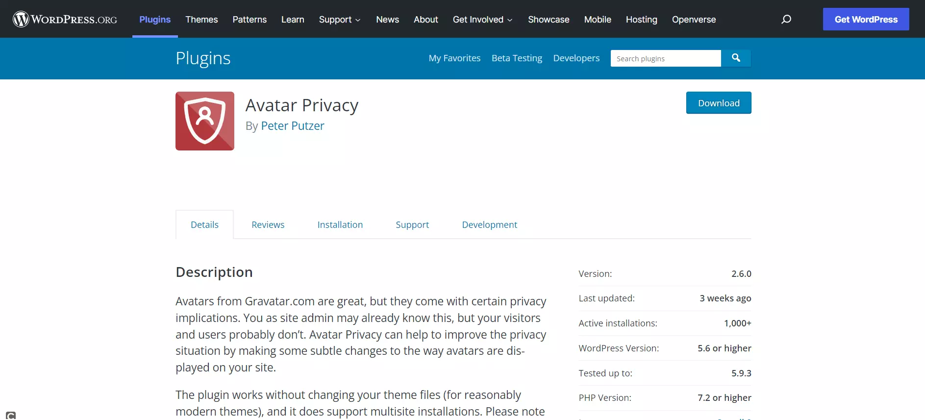 Pagina web del plugin di WordPress Avatar Privacy