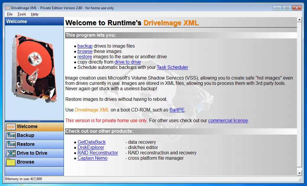 DriveImage XML 2.60: pagina iniziale