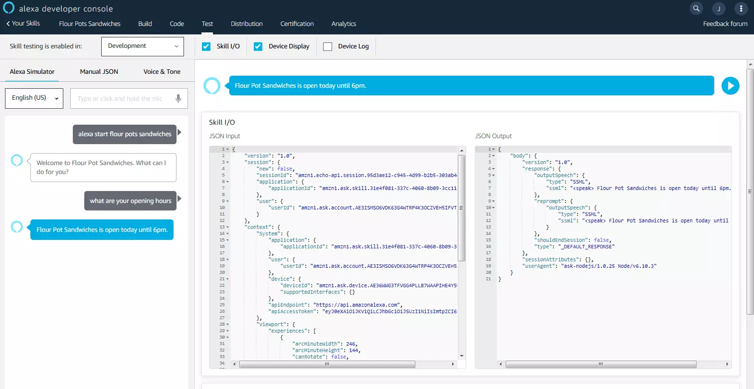 Console sviluppatori di Alexa: ambiente di test