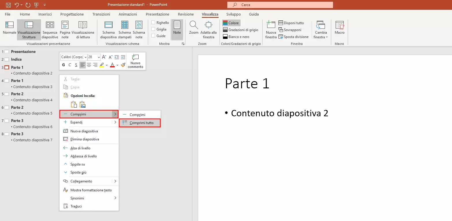 Creare un indice di PowerPoint: comprimi struttura