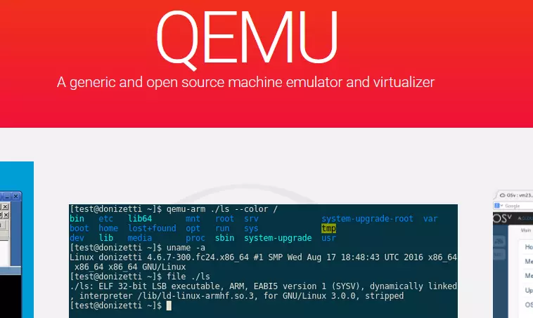 Screenshot del sito web di QEMU