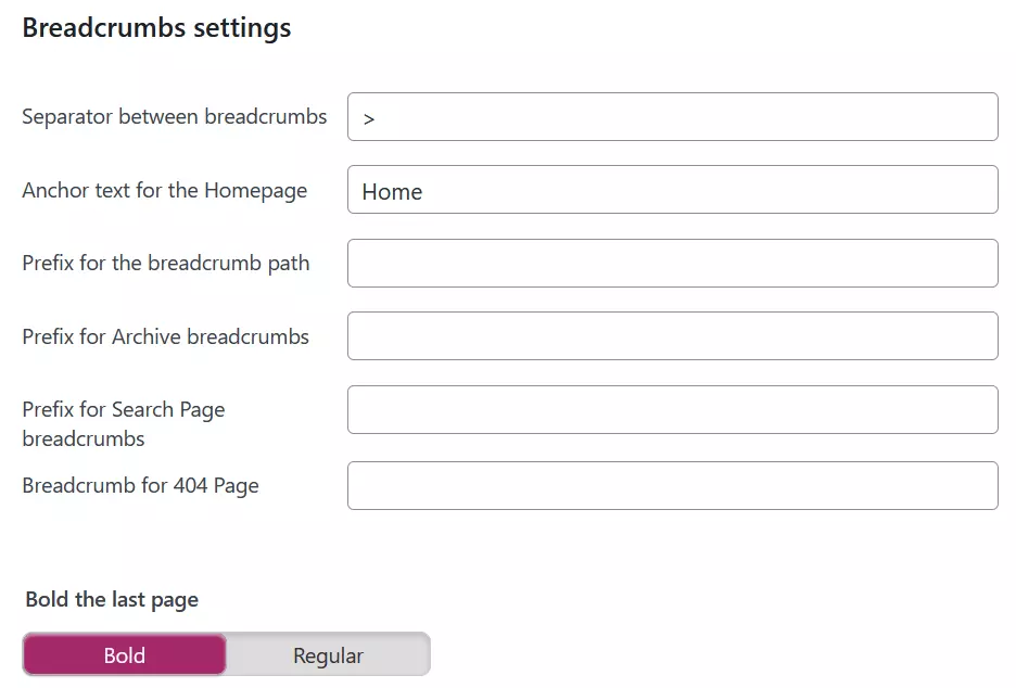 Screenshot delle impostazioni dei breadcrumb di Yoast SEO su WordPress