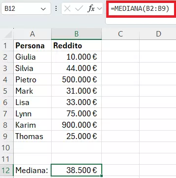 Excel: calcolo della mediana con un gruppo di valori pari