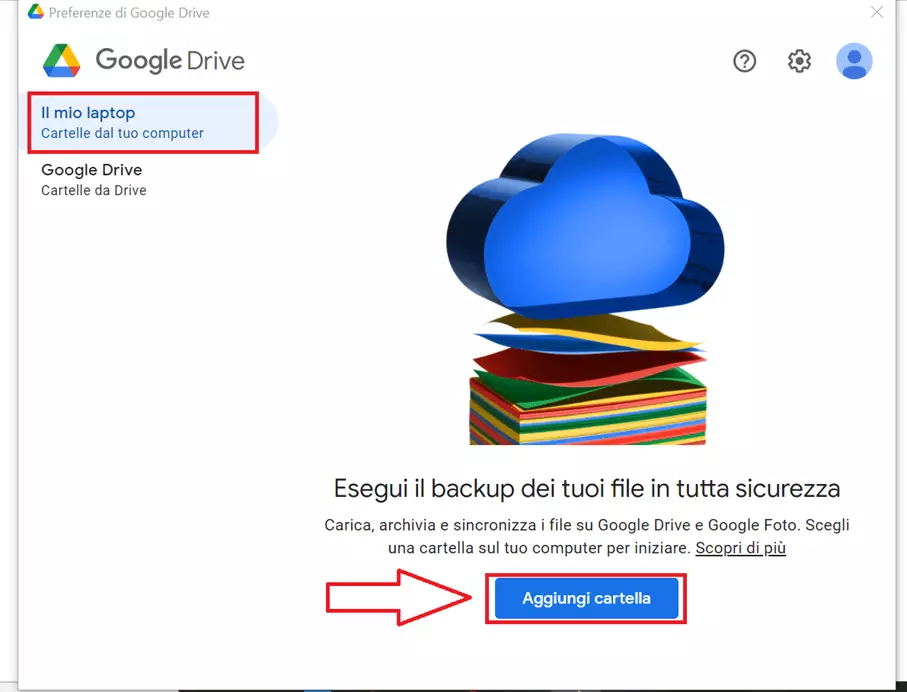 Selezionate la voce “Il mio laptop” e poi “Aggiungi cartella” per effettuare il backup