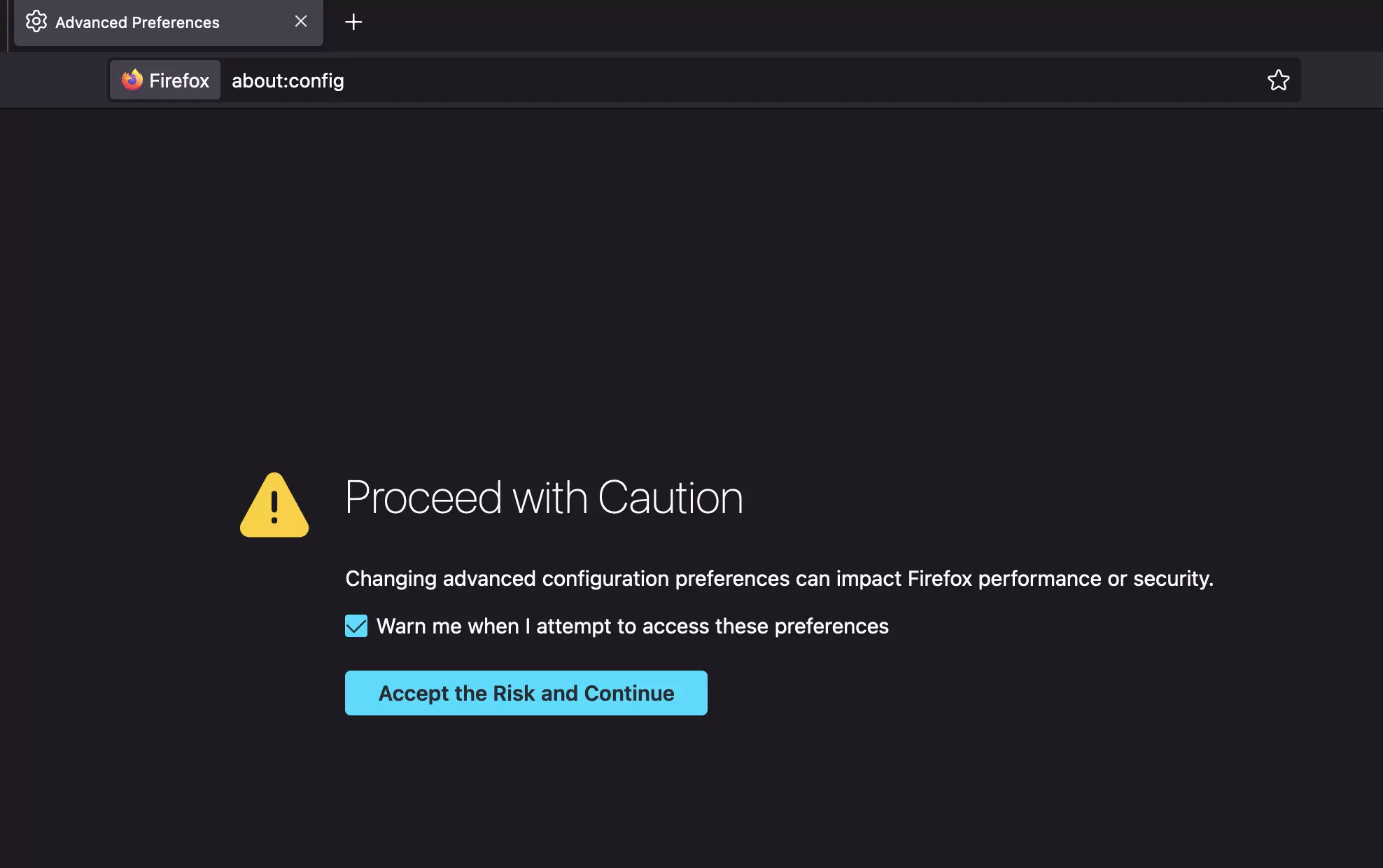 Screenshot del messaggio di avvertimento su about:config