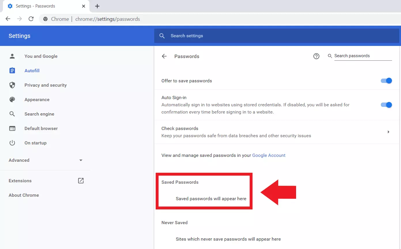 Google Chrome: menu “Password”, voce “Password salvate”