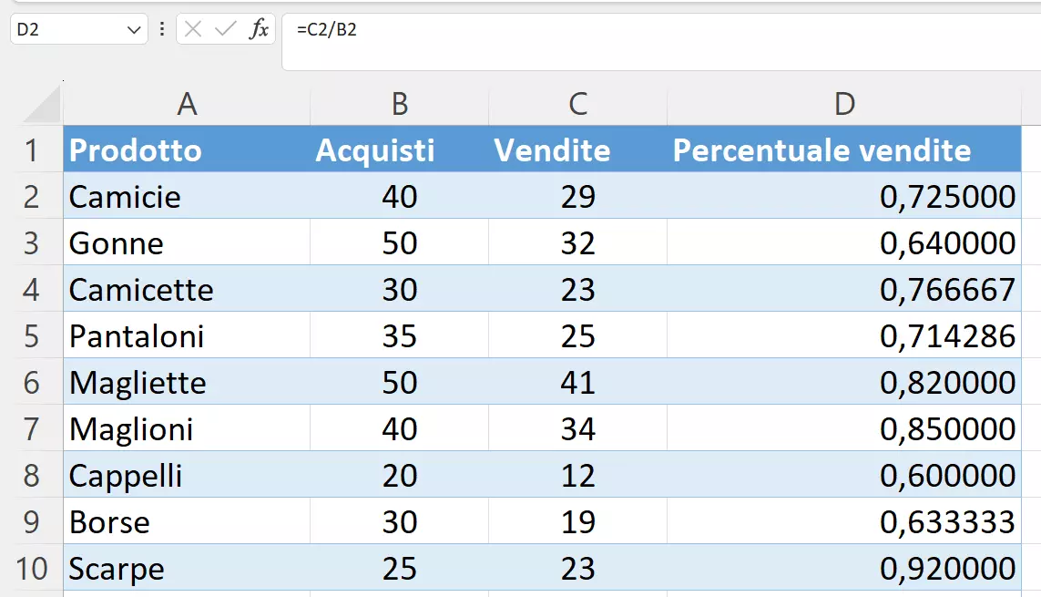 Calcolo delle percentuali in Excel con numeri decimali