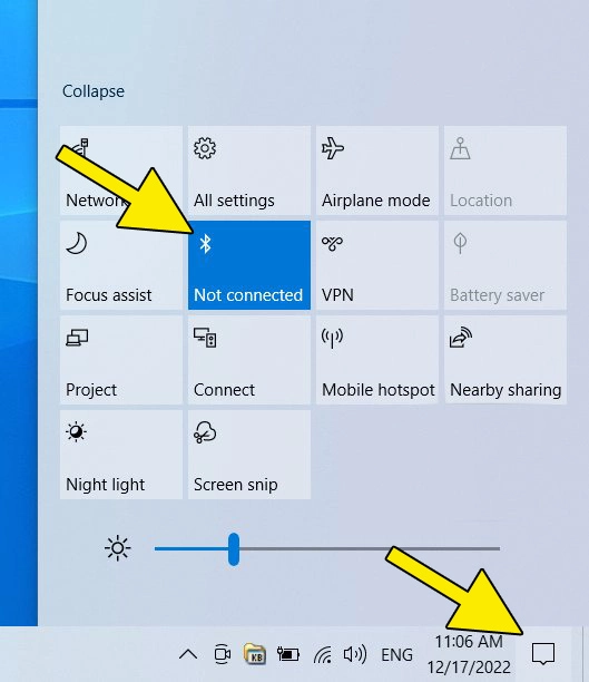 Screenshot di Windows 10: icona del fumetto con le impostazioni rapide, incluso il pulsante Bluetooth.