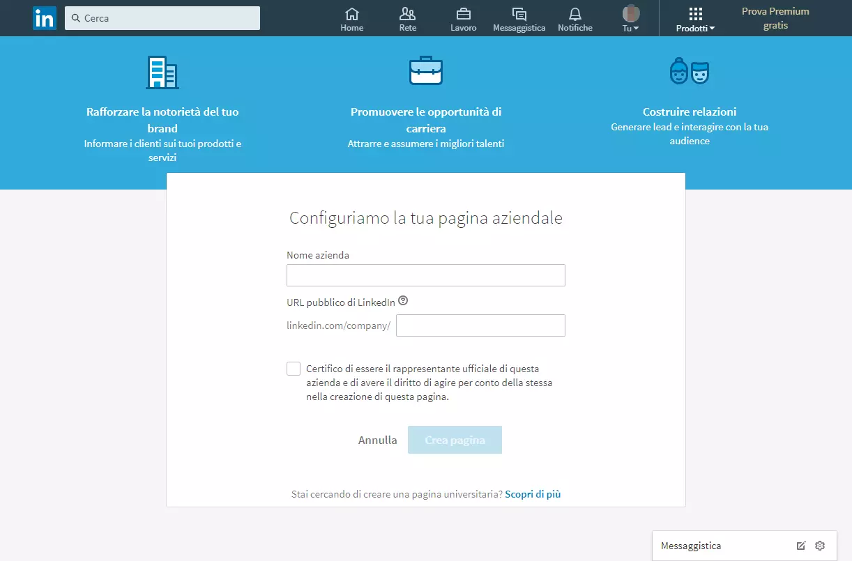 Maschera di input per la creazione di un profilo aziendale su LinkedIn