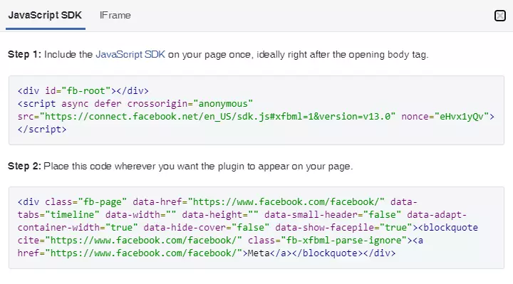 Snippet di codice dalla pagina degli sviluppatori di Facebook da incorporare in un sito web