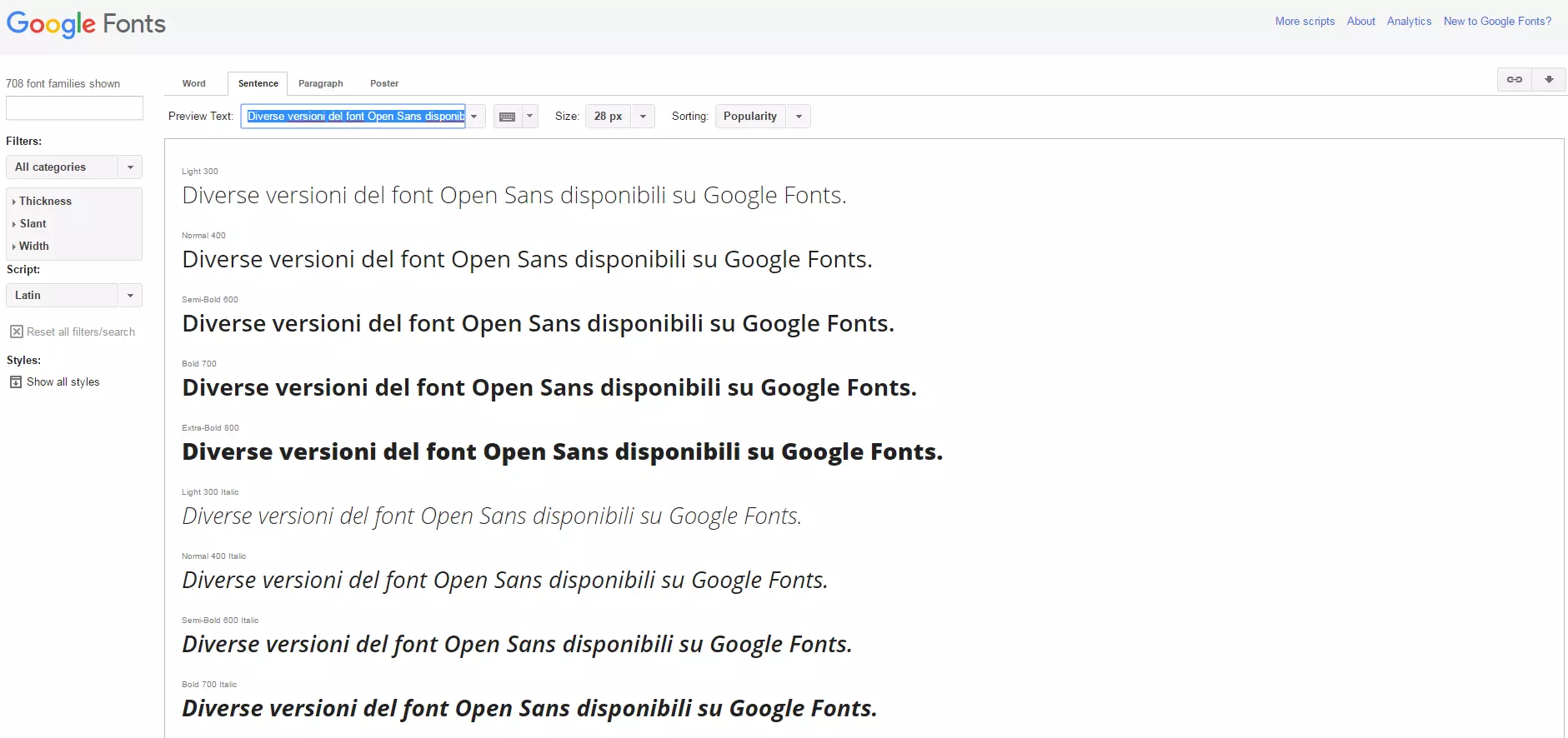 Diverse versioni del font Open Sans disponibili su Google Fonts