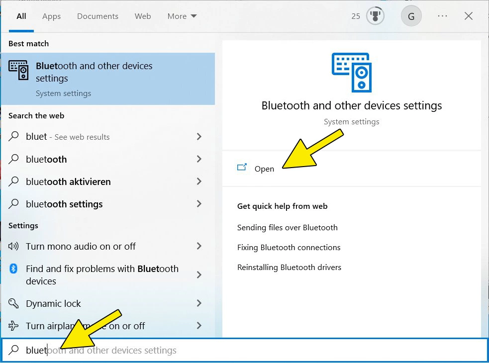 Screenshot di Windows 10: barra e risultato “Impostazioni dei dispositivi Bluetooth e di altro tipo”.