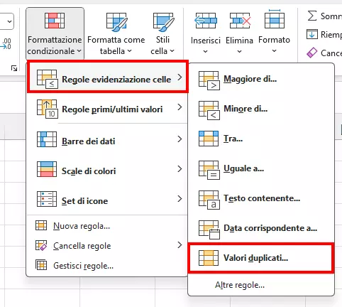 Pulsante Valori duplicati nel menu di Excel “Formattazione condizionale”