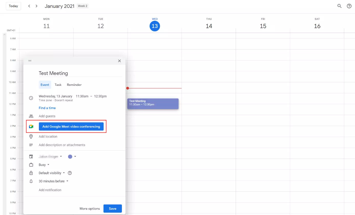 Google Calendar: evento Meet