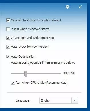 Menu opzioni di Wise Memory Optimizer