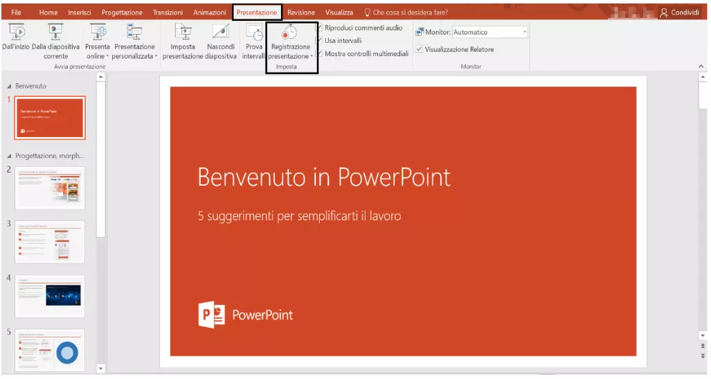 PowerPoint 2016, menu della barra Presentazione