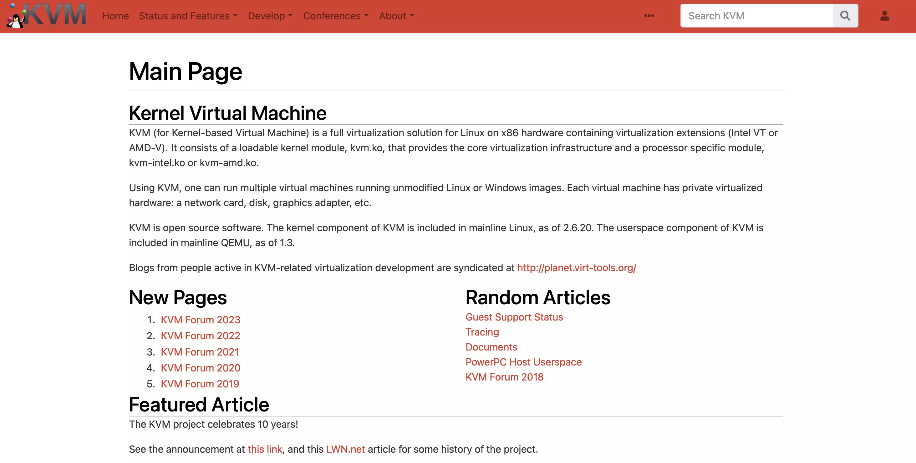 Schermata del sito di KVM