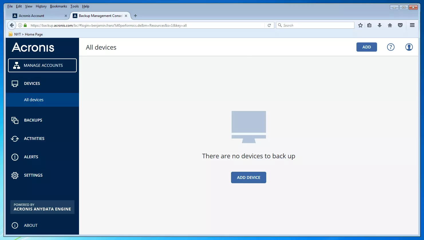 La console di gestione di backup di Acronis Backup 12.5