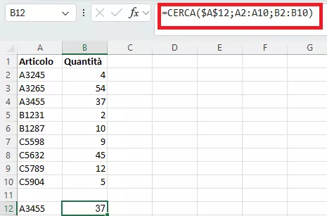 Esempio di un campo di ricerca con la funzione CERCA di Excel