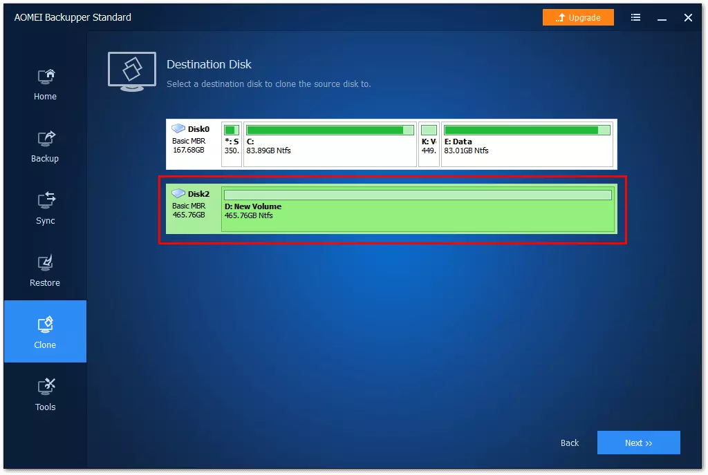 AOMEI Backupper Standard: menu di selezione del disco di destinazione