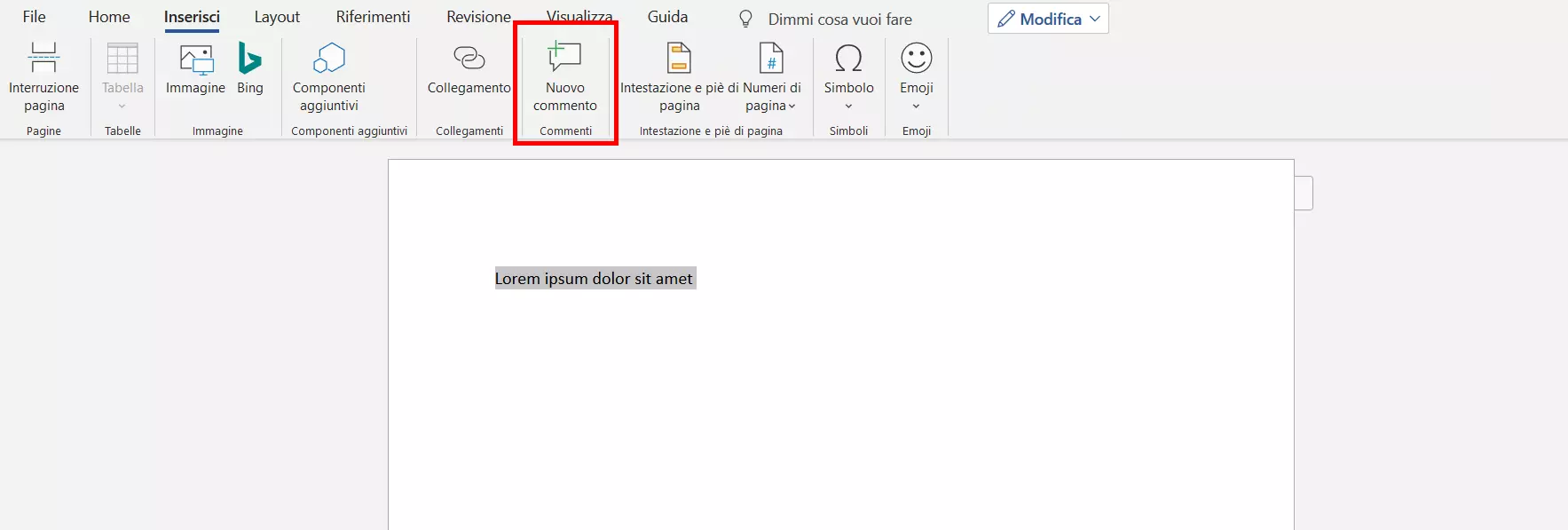 Pulsante “Nuovo commento” nella scheda Inserisci su Word 2016