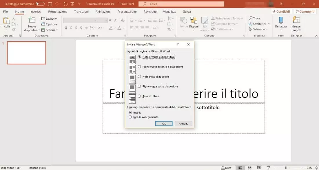 Finestra di menu “Invia a Microsoft Word”