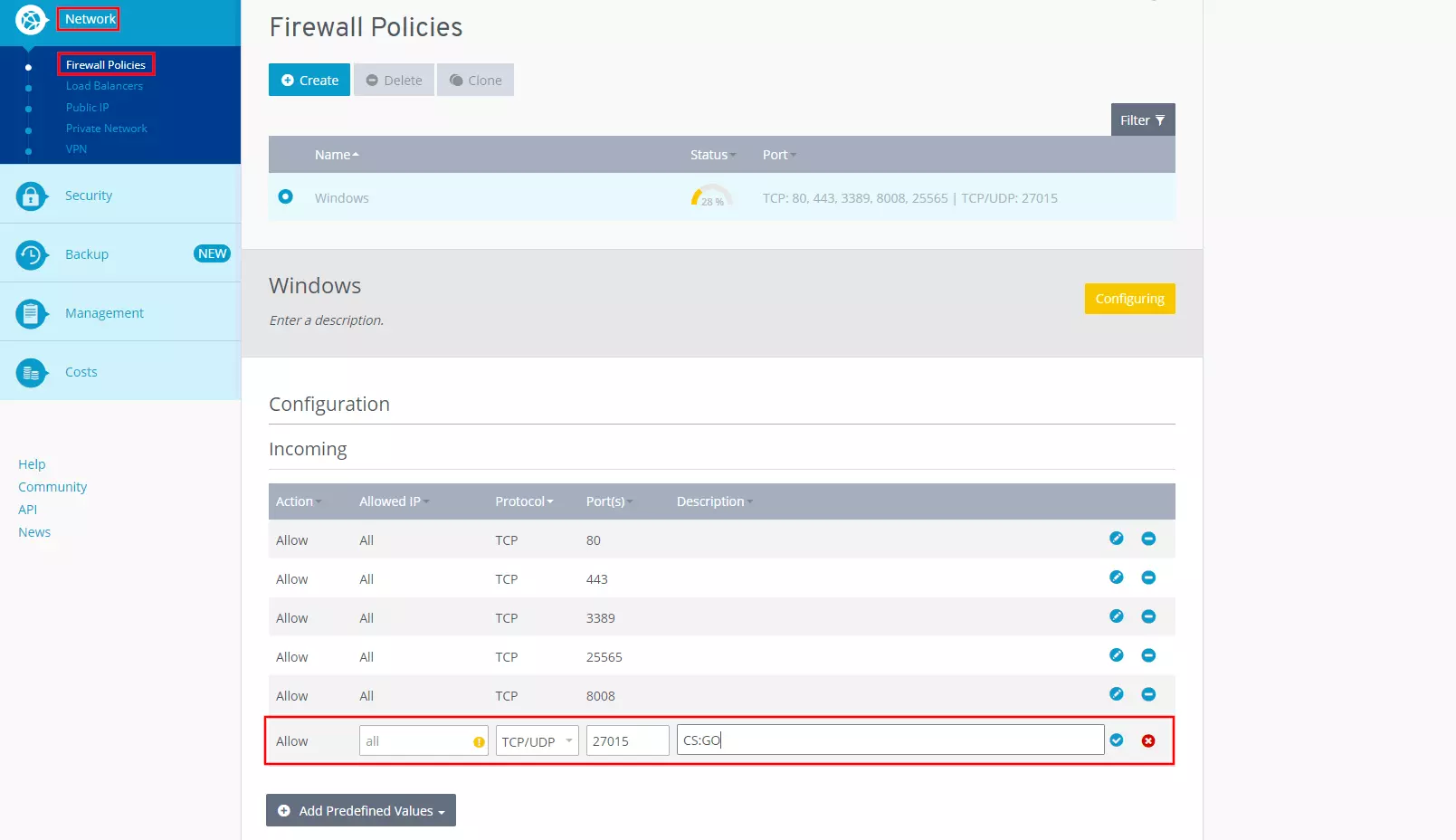 Regole del firewall nel Cloud Panel di IONOS