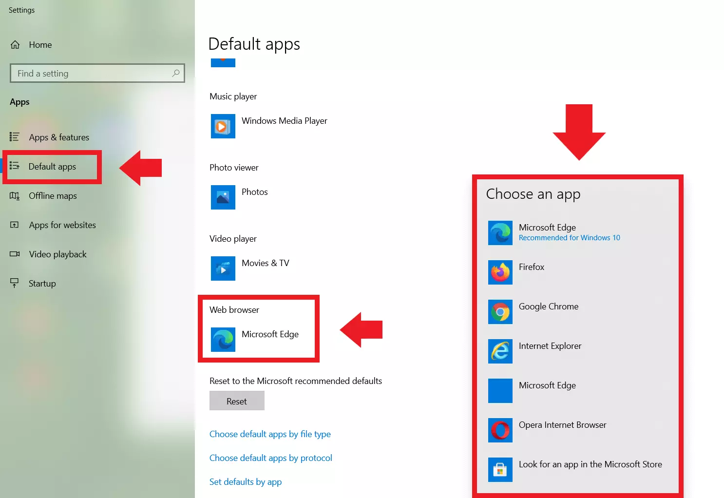 Impostazioni di Windows: app predefinite, selezione del browser web