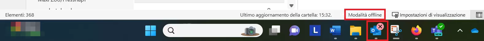 Barra di stato di Outlook: attivazione della modalità offline