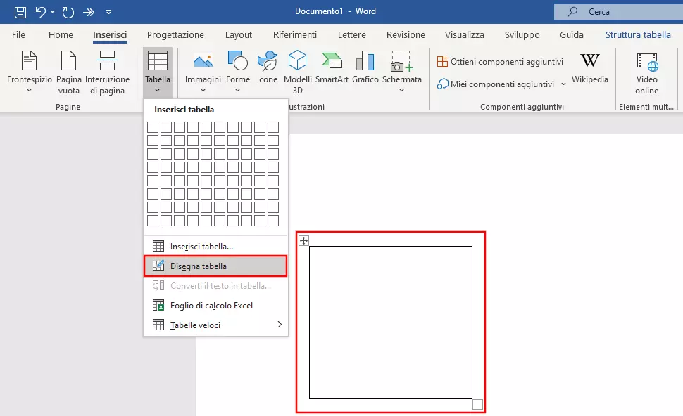 Opzione per disegnare una tabella in Word