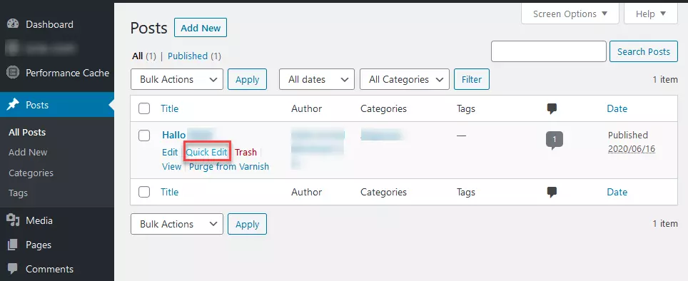 Bacheca di WordPress: “Articoli”, “Tutti gli articoli” con funzione “Modifica rapida” evidenziata 