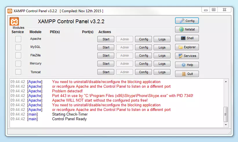 Moduli non attivi nel pannello di controllo di XAMPP