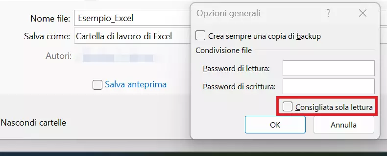 Opzione di Excel “Consigliata sola lettura”