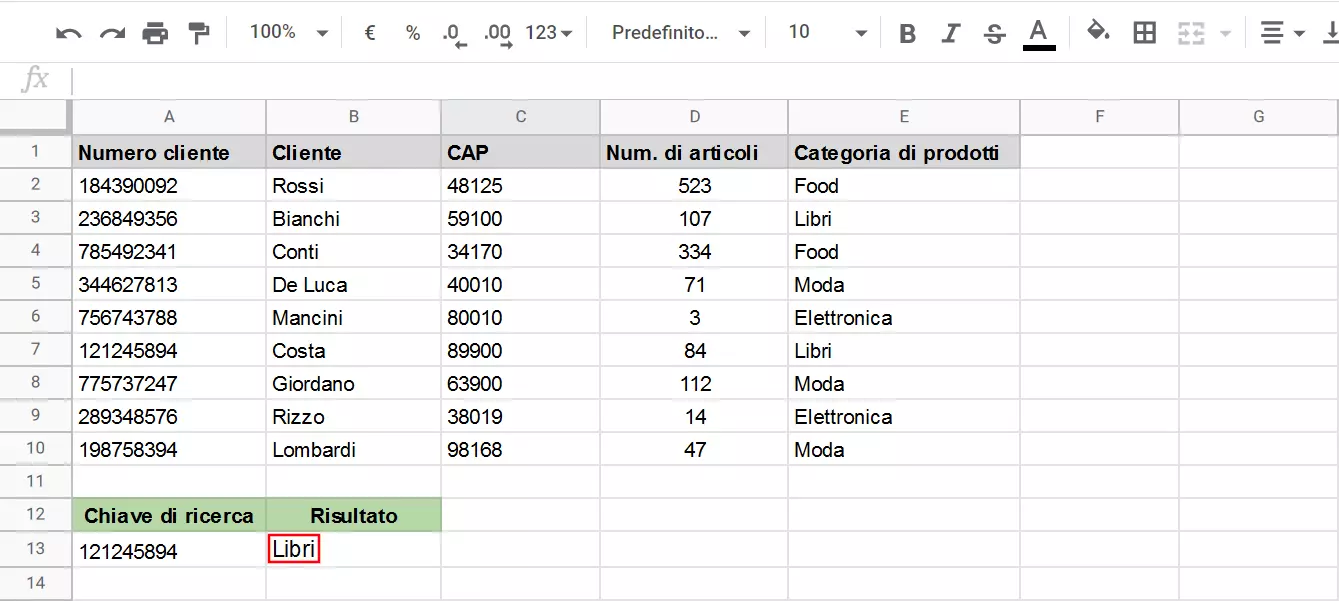 Risultato della funzione VLOOKUP con Fogli Google