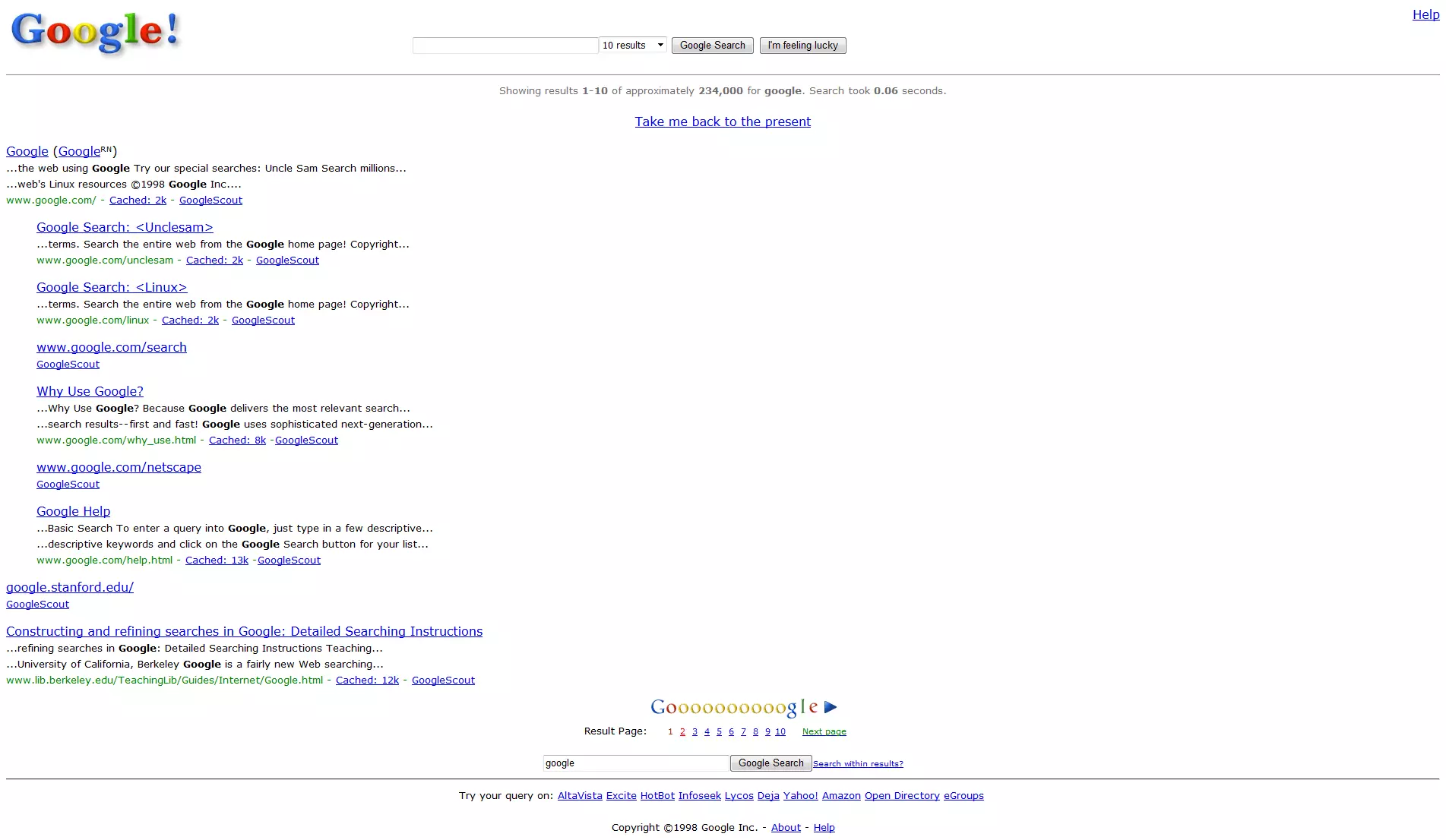 Schermata di una ricerca su Google nel 1998, in inglese