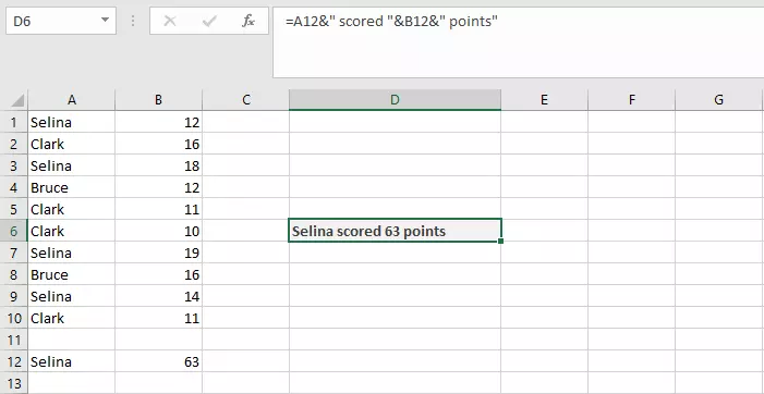 Concatenazione di più celle e testo in una tabella Excel