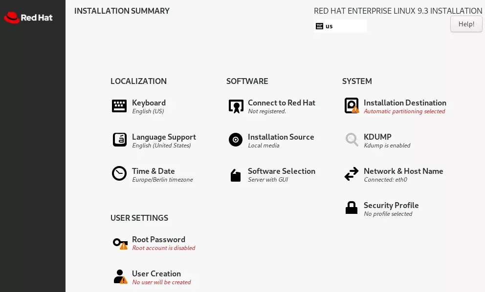 Schermata del menu di installazione di RHEL 9