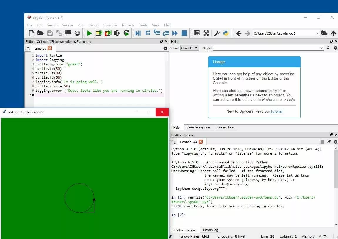 Funzioni di Python logging tra semplici comandi Turtle e registrazione del logging nella console