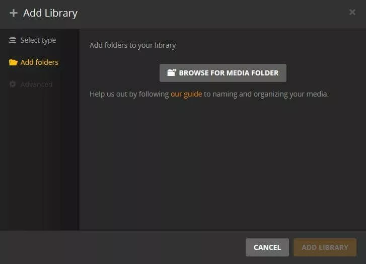 Interfaccia web di Plex: aggiungere i file alla mediateca