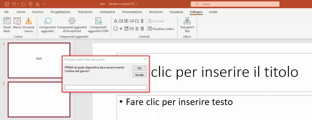 PowerPoint 365: finestra di dialogo della macro “Inserisci titolo”