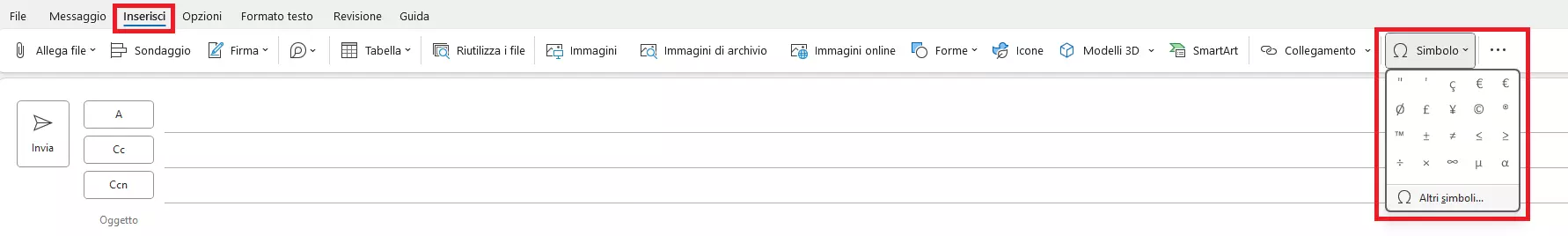 Icona “Simbolo” nella barra dei menu nei messaggi di Outlook