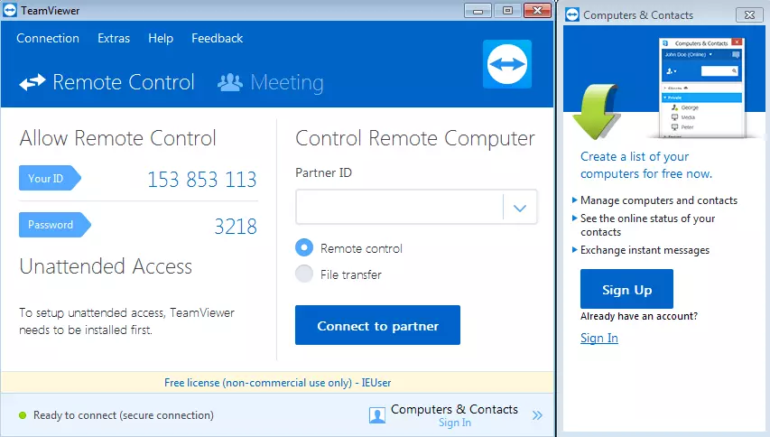 Finestra di dialogo di TeamViewer dalla quale è possibile configurare il controllo remoto del desktop