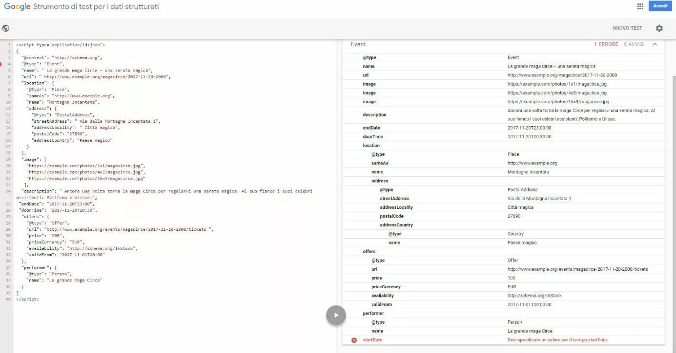 Strumento di test per i dati strutturati di Google dopo la convalida: 1 errore trovato